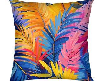Tropical Leaves Colorful Accent Pillow, Vibrant Home Decor, Botanical Throw Pillow, Exotic Living Room Accessory, Artistic Couch Cushion