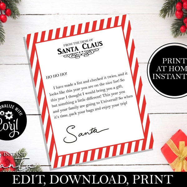 You're Going To Universal Letter From Santa, Santa letter, Universal Trip for Christmas, EDITABLE & Finished PDF