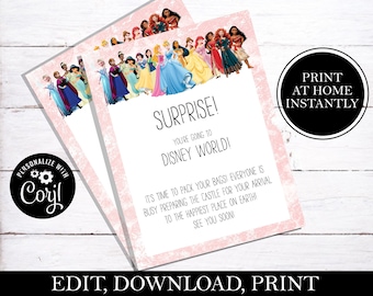 Surprise You&#39;re Going To Theme Parks Letter, Vacation Announcement, Going to World Letter from Princesses, For Girl, EDITABLE