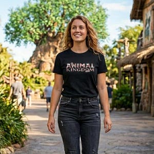 Puede incluir: Una camiseta negra con el texto "ANIMAL KINGDOM" en fuente met&aacute;lica. La persona lleva vaqueros negros y sandalias, caminando por un camino de piedra. El fondo incluye vegetaci&oacute;n exuberante y edificios con tejados de paja.