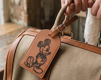 Mickey Leather Luggage Tag, Personalized Engraved Travel Tag, Custom Park Trip Gift, Family Vacation Bag Tag