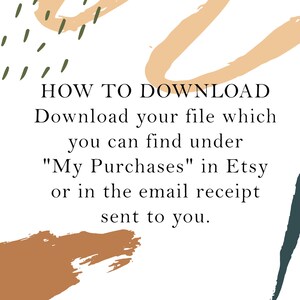 Op de afbeelding: Een afbeelding met bruine en perzikkleurige abstracte vormen en groene lijnen. De tekst luidt "HOW TO DOWNLOAD Download uw bestand dat u kunt vinden onder "Mijn aankopen" op Etsy of in de e-mailbevestiging die u heeft ontvangen."