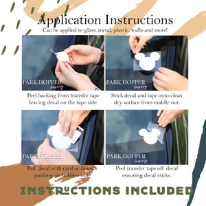 May include: Instructions for applying a decal to a surface. The instructions show how to peel the backing from the transfer tape, stick the decal to a clean surface, and then remove the transfer tape. The instructions also include the text "PARK HOPPER Supply".