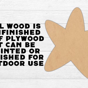 K&ouml;nnte beinhalten: Unfertiger MDF-Sperrholz-Stern. Der Text auf dem Bild lautet: "ALL WOOD IS UNFINISHED MDF PLYWOOD IT CAN BE PAINTED OR FINISHED FOR OUTDOOR USE."