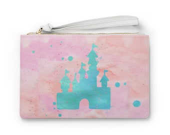 Pink Castle Clutch Bag, Vegan Leather Bag, Castle Bag, Bag, Make Up Bag, Pencil Pouch, Purse, Gift, Rainbow, Small Bag, Zip Up Bag