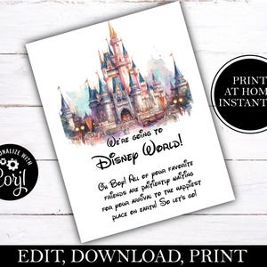 Carta sorpresa de que vas a parques temáticos, WDW, anuncio de vacaciones, viaje al mundo, tierra, revelación de viaje, regalo de viaje, EDITABLE