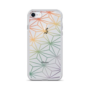 May include: A clear phone case with a geometric pattern in rainbow colors. The case has a raised lip around the camera lens and the edges. The case is designed for an iPhone.