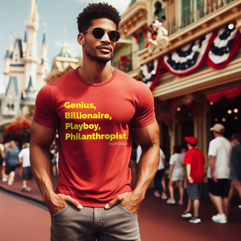 Może przedstawiać: Czerwony t-shirt z nadrukiem "Genius, Billionaire, Playboy, Philanthropist - Tony Stark" w kolorze ż&oacute;łtym.