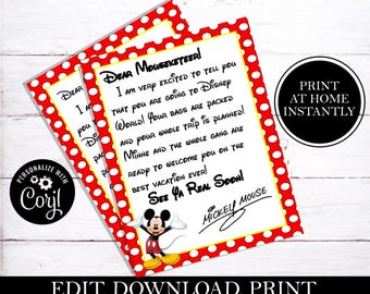 Surprise You&#39;re Going To Theme Parks Letter, From Mouse, Vacation Announcement, Going to World, Land, Trip Reveal, Trip Gift, EDITABLE