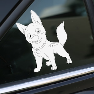 May include: A black and white line drawing of a cartoon dog with a lightning bolt on its side. The dog is wearing a collar with a tag. The image is on a car window.