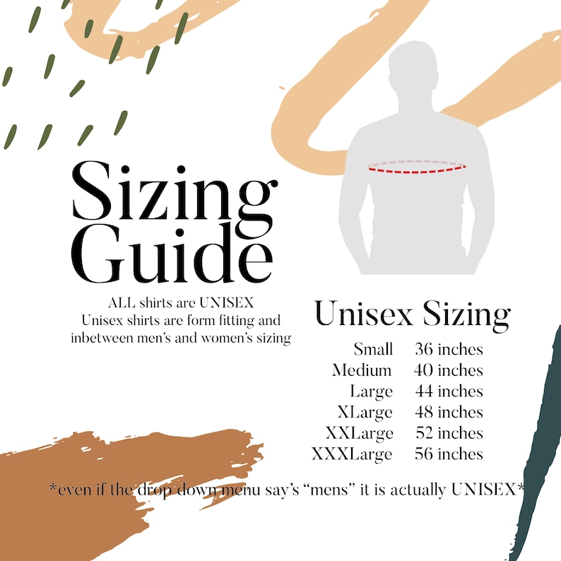 Puede incluir: Una gu&iacute;a de tallas para camisas unisex, con medidas en pulgadas. Las tallas van desde Small (91 cm) hasta XXXLarge (142 cm). El texto aclara que las camisas son entalladas y est&aacute;n entre las tallas de hombre y mujer.