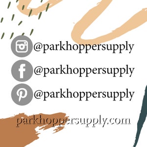 Puede incluir: Fondo blanco con iconos de redes sociales para Instagram, Facebook y Pinterest, cada uno con el nombre de usuario @parkhoppersupply. El sitio web parkhoppersupply.com tambi&eacute;n se muestra en una fuente estilizada, con trazos de pincel abstractos en el fondo.