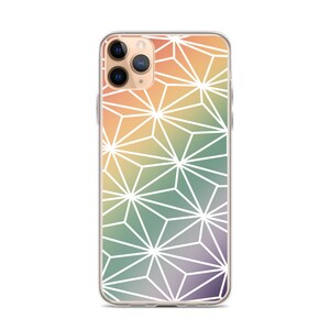 May include: A clear phone case with a geometric pattern. The design features white lines forming star-like shapes over a gradient background of orange, yellow, green, and purple.