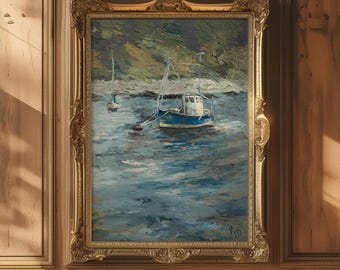 Oil Painting of Rainy Harbor Seascape | Fine Art Print of Original Oil Painting by K. Durkin | Muted Blue Nautical Boat Painting