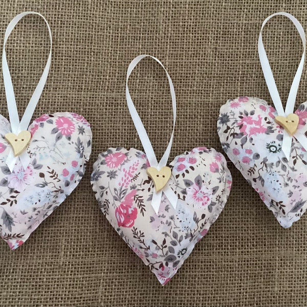 3 x Large Vintage Floral Handmade SHABBY CHIC Hanging Fabric HEARTS - 4.5ins