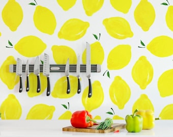 Yellow Lemon Wallpaper - Watercolor Fruit Peel and Stick - Kitchen Removable Tropical Wall Mural CC010