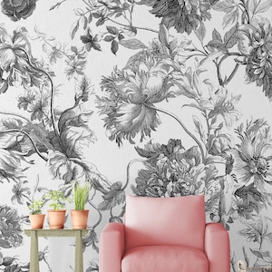 French Toile Peel and Stick Wallpaper - Black and White Flower Peony Removable Wall Decal - Vintage Floral Self Adhesive Wall Mural CCM052