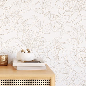 Beige Line Art Peony Flower Wallpaper - Neutral Boho Style Floral Wall Mural CC275