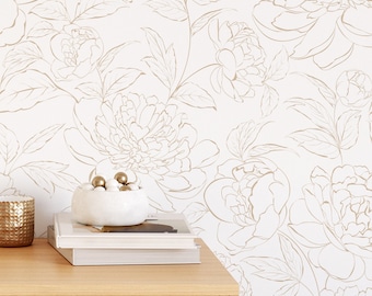 Beige Line Art Peony Flower Wallpaper - Neutral Boho Style Floral Wall Mural CC275