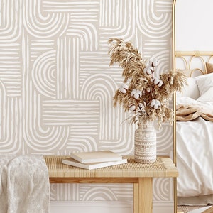 Beige Boho Style Geometric Wallpaper - Neutral Scandinavian Design Removable Minimal Wall Mural CC274
