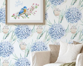 Hydrangea and Bird Wallpaper - Removable Botanical Wall Paper - Peel and Stick Watercolor Blue Flower Decal - Temporary Floral Decor CC238