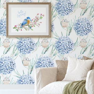 Hydrangea Birds Wallpaper - Removable Botanical Wall Mural - Peel and Stick Watercolor Blue Flowers Decal - Temporary Floral Decor CC238