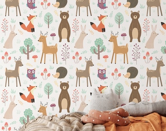 Forest Animals Wallpaper with Woodland Bears for Kids Nursery CC135
