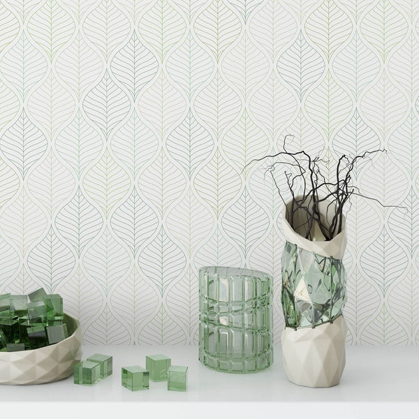 Green Leaves Temporary Wallpaper - Abstract Adhesive Wall Decor - Peel and Stick Wall Mural - Geometric Floral - Botanical Leaf Decal CC218