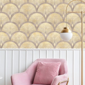Beige Gold Effect Brown Art Deco Self Adhesive Wallpaper - Removable Luxury Wall Decor - Peel and Stick Wall Mural - Vintage Print CC179