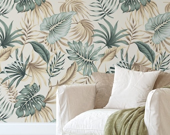 Green Palm Leaves Wallpaper - Tropical Wall Mural - Removable Boho - Watercolor Peel and Stick Decor CC027