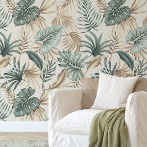 Temporary Green Palm Leaves Wallpaper - Self Adhesive Tropical Wall Mural - Removable Boho Decal - Watercolor Peel and Stick Decor CC027