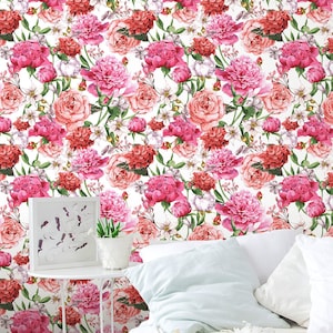 Floral Blooming Temporary Wallpaper - Pink Peonies Red Roses Self Adhesive Fabric Decal - Colorful Flowers Watercolor Peel and Stick CC047