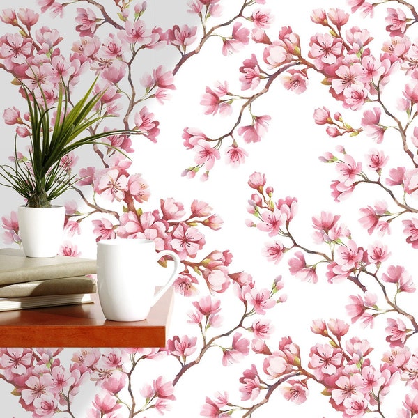 Watercolor Removable Wallpaper - Cherry Blossoms Self Adhesive Decal - Peel and Stick Floral Fabric Paper - Pink Red Tree Branch Decor CC133