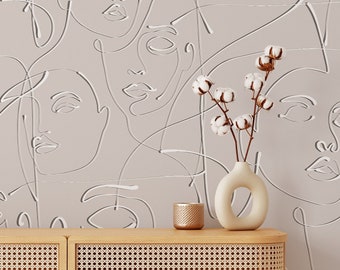 Neutral Beige Abstract Female Face Peel and Stick Wallpaper - Self Adhesive Line Art Decal - Tattoo Beauty Studio Salon Bar Wall Mural CC292