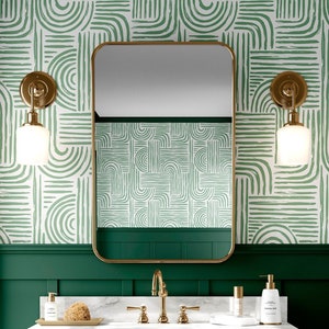 Sage Green Geometric Wallpaper - Abstract Lines Peel and Stick Modern Boho Wall Mural CC278