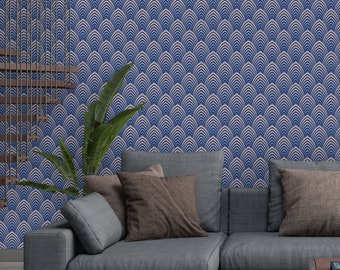 Removable Art Deco Wallpaper - Blue Lines Self Adhesive Wall Decal - Geometric Peel and Stick Wall Mural - Temporary Scallops Decor CC121