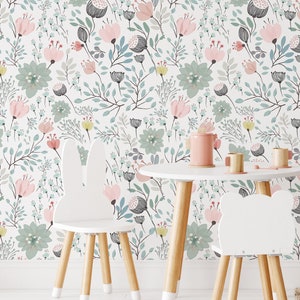 Boho Garden Flowers Peel and Stick Wallpaper - Blue Green Floral Wall Decal Print - Botanical Self Adhesive Wall Mural Decor CC270