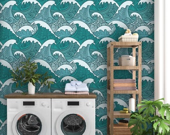 Japanese Waves Wallpaper - Oriental Ocean Peel and Stick Blue Green Wall Mural CC096