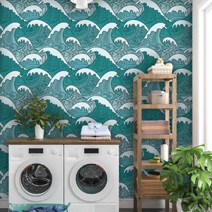 Japanese Waves Wallpaper - Oriental Ocean Peel and Stick Blue Green Wall Mural CC096