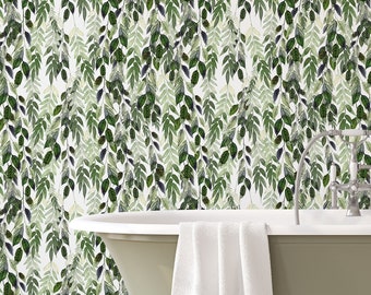 Peel and Stick Green Leaves Wallpaper - Self Adhesive Botanical Wall Decal - Removable Watercolor Wall Decor - Temporary Fabric Paper CC208