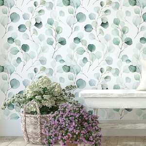 Removable Green Leaves Neutral Wallpaper - Floral Leaf Self Adhesive Wall Decal - Eucalyptus Peel and Stick Botanical Wall Mural CC216