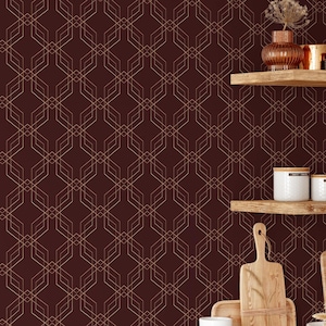 Dark Red Burgundy Geometric Art Deco Wallpaper - Faux Gold Luxury Vintage Wall Mural CC326