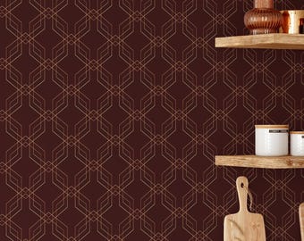 Dark Red Burgundy Geometric Art Deco Wallpaper - Faux Gold Luxury Vintage Wall Mural CC326