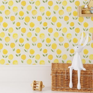 Yellow Marigold Removable Wallpaper - Watercolor Self Adhesive Wall Decal - Green Floral Peel and Stick Fabric Paper - Flowers Decor CC152