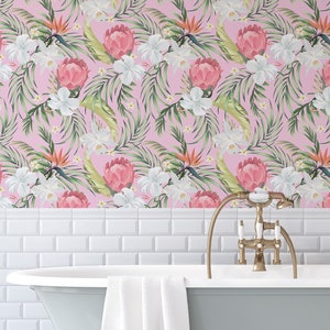 Exotic Flowers Peel and Stick Wall Decal - Palm Leaf Removable Wallpaper - Tropical Pink Floral Wall Decor - Botanical Self Adhesive CC229