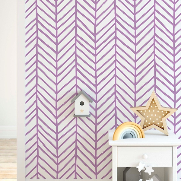 Peel and Stick Herringbone Wallpaper - Removable Purple Chevron Wall Decal - Self Adhesive Geometric Wall Mural - Temporary Abstract CC132