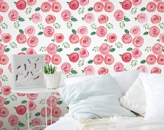 Floral Botanical Wallpaper with Watercolor Red Roses CC138