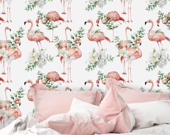 Peel and Stick Flamingo Bouquet Wallpaper - Self Adhesive Green Leaves and Flowers Temporary Decal - Removable Tropical Fabric Paper CC042