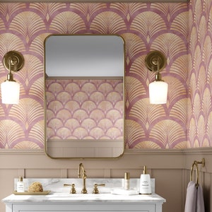 Pink Gold Effect Art Deco Self Adhesive Scallops Wallpaper - Removable Luxury Wall Decor - Peel and Stick Wall Mural - Vintage Print CC181