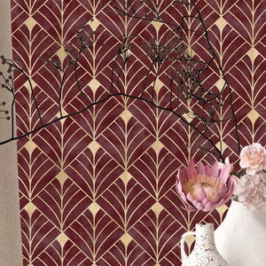 Burgundy Art Deco Geometric Wallpaper - Luxury Brown Retro Faux Gold Wall Mural  CC338